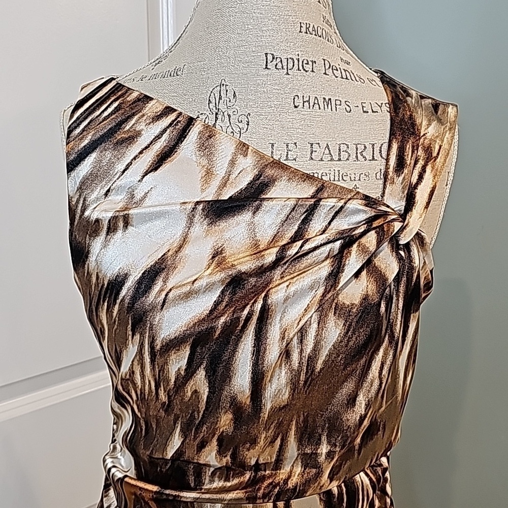 Maggie London Brown Tan Cream Faux Wrap Pleated Formal Party Dress - Size 12 - Picture 3 of 9